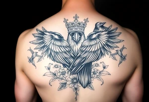 powerful majestic ravens with a crown, surrounded by floral ornaments and birds tattoo idea