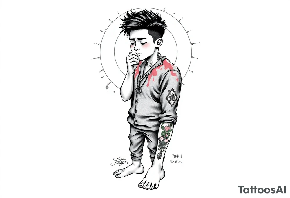 Handsome Asian young guy is standing on his knees sorry tattoo idea