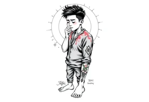Handsome Asian young guy is standing on his knees sorry tattoo idea