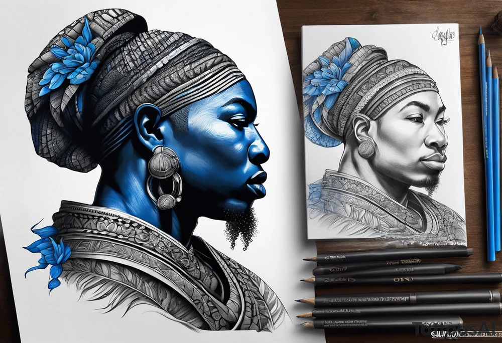 ogun guerreiro africano realista em preto e cinza com tons de azul
 no fudo de selva tattoo idea