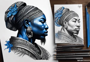 ogun guerreiro africano realista em preto e cinza com tons de azul
 no fudo de selva tattoo idea