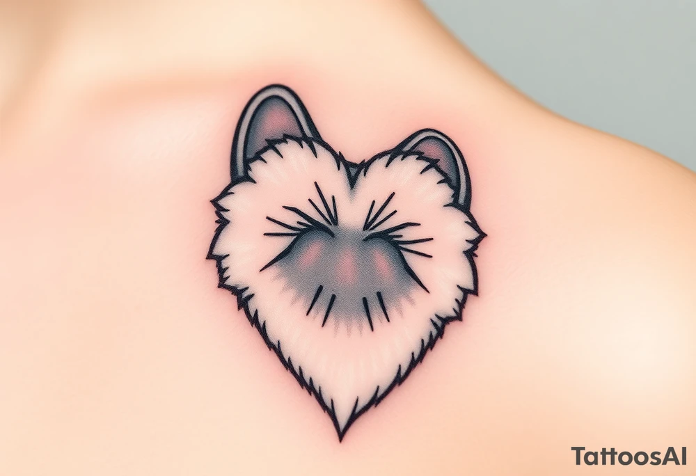 A detailed cat paw with soft fur textures, shaped into a heart, using natural tones of cream, gray, and light brown for a delicate and cozy feel tattoo idea