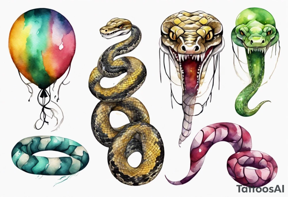 african python with colored ballons aside and te-fiti stone on the other side tattoo idea