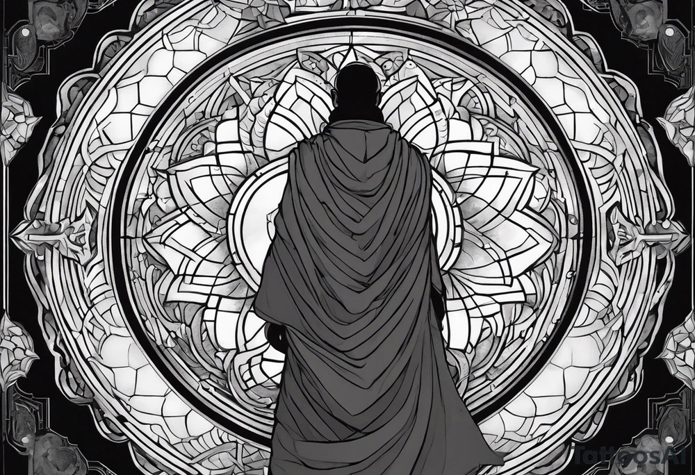 Jehovah looking out at the marvels of his creation from the atoms to the galaxy and celestial beings. With grey wash and a fantasy theme. Jehovah has to be a character who is so majestic, charismatic, immensely powerful. There isnt a single thing he isnt capable of doing. Infinitely powerful forward facing tattoo idea