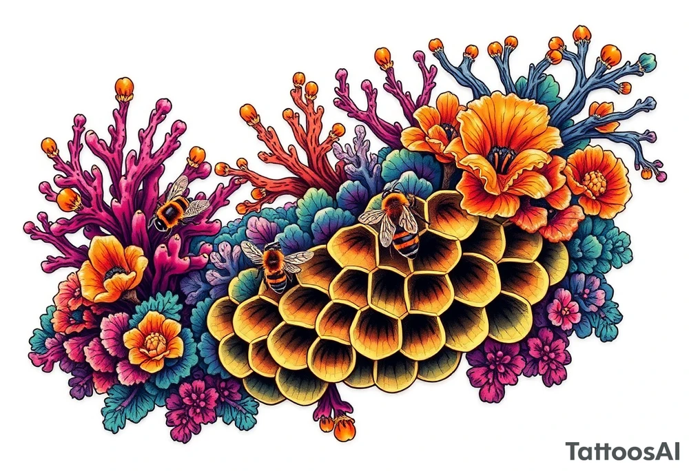 Coral reef scene with honey bees swimming on honey comb tattoo idea