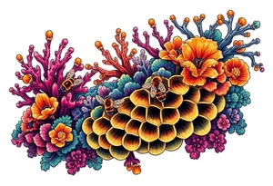 Coral reef scene with honey bees swimming on honey comb tattoo idea