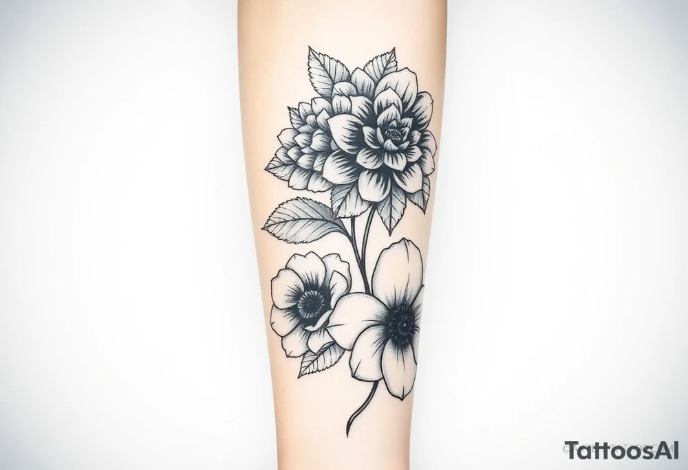 Design a detailed and artistic forearm tattoo featuring four symbolic flowers. Start with a dark, intense Black Dahlia at the upper part of the forearm, representing madness, with bold, sharp petals for a dramatic effect. Transition into a strong and structured Oakleaf Hydrangea to symbolize masculinity and resilience, with distinct oak-shaped leaves. Below it, integrate a delicate Anemone with soft petals and a dark center to symbolize searching and longing. Finish with a serene and elegant White Camellia near the wrist, symbolizing peace and purity. The design should flow naturally along the forearm, with the flowers gradually blending into one another. Use intricate linework, fine details, and a balance of dark and light shading to reflect the journey from madness to peace. The overall style should be realistic with a hint of abstract elements, enhancing the emotional narrative of the piece." tattoo idea