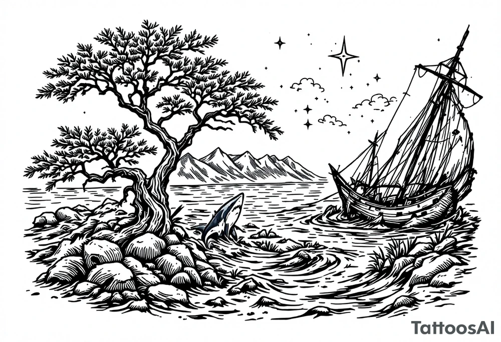 tattoo that has an acacia tree with mountains, ocean with a ship wreck with sharks and the northern star tattoo idea
