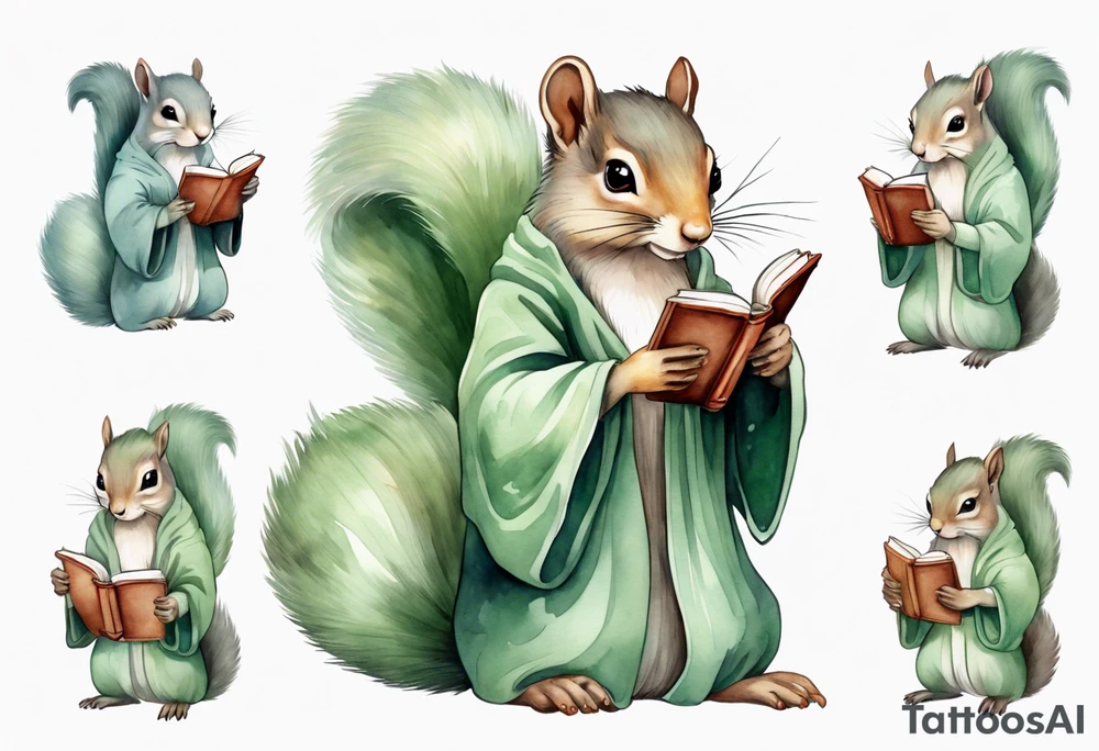 a grey squirrel with long feminine hair and a sage green robe, holding a magic book tattoo idea