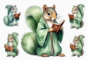 a grey squirrel with long feminine hair and a sage green robe, holding a magic book tattoo idea