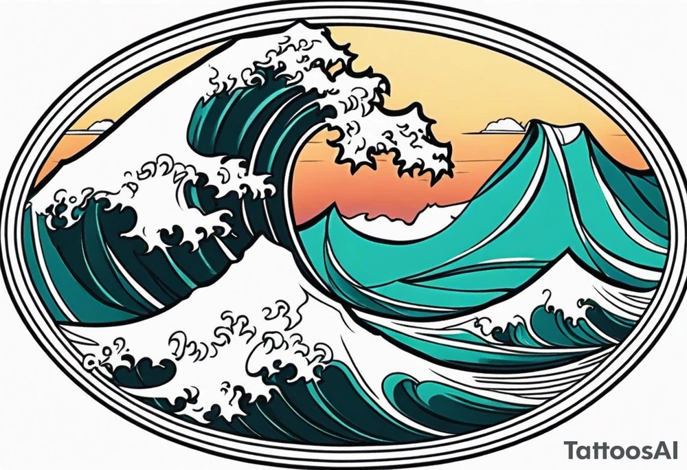 american traditional waves wide oval tattoo idea