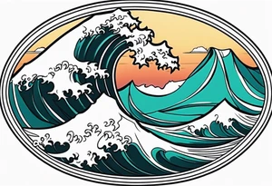 american traditional waves wide oval tattoo idea