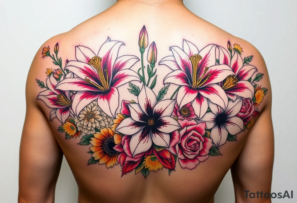 Arm sleeve 6 fully bloomed, stargazer lilies with 2 budded lilys pink red and yellow roses hydrangea and sunflowers filling area around lilys bright and colorful tattoo idea