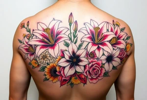 Arm sleeve 6 fully bloomed, stargazer lilies with 2 budded lilys pink red and yellow roses hydrangea and sunflowers filling area around lilys bright and colorful tattoo idea