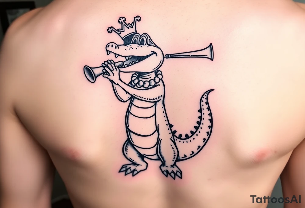 cartoon Mardi gras alligator standing up playing a trumpet and wearing beads tattoo idea