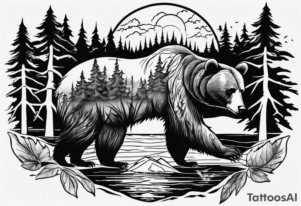 bear, forest, lake, appalachia, arm sleeve tattoo tattoo idea