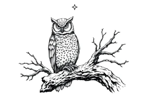 wise owl perched on ancient oak branch under starlit sky tattoo idea