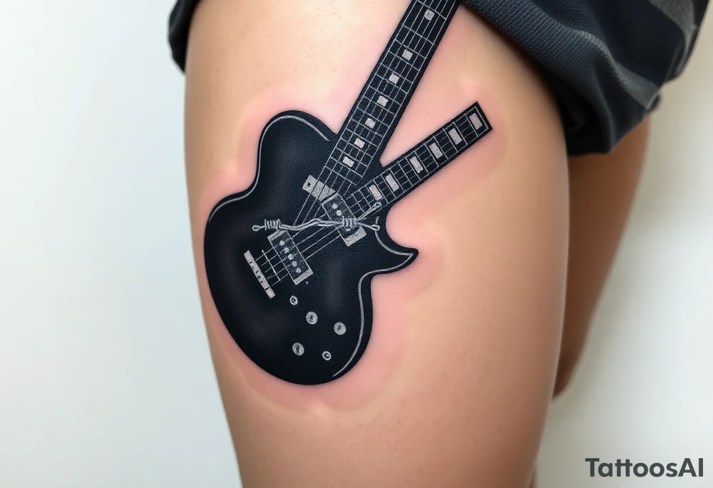 A guitar with barbed wire wrapping around its neck, in shades of dark grey and silver, symbolizing rebellion and strength tattoo idea