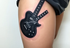 A guitar with barbed wire wrapping around its neck, in shades of dark grey and silver, symbolizing rebellion and strength tattoo idea