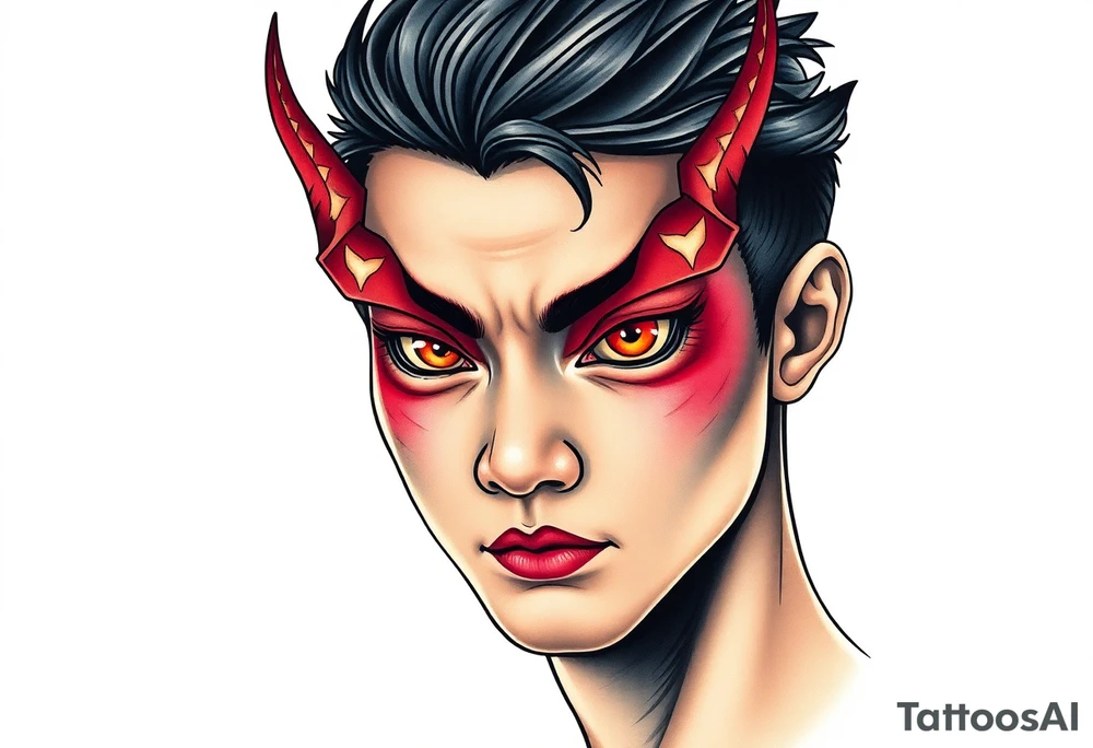 Handsome Asian young guy with demon eyes tattoo idea