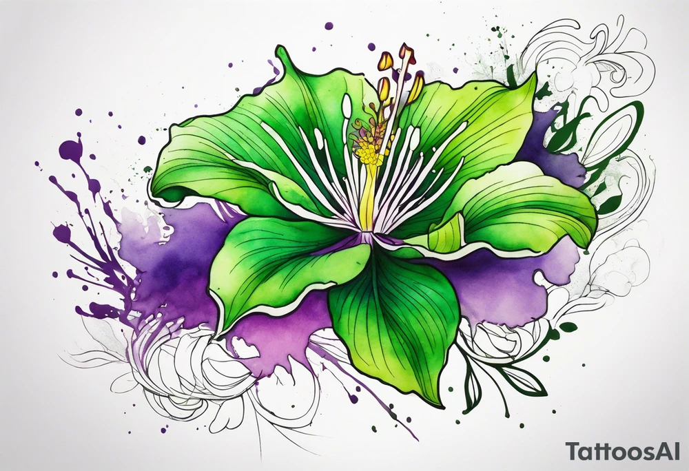 An outline of an only green rio dipladenia flower and a green and purple watercolor splash in the background tattoo idea
