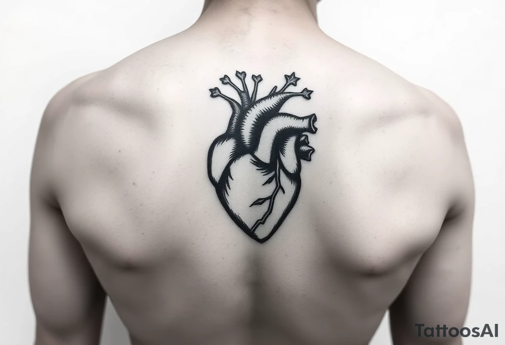 woodcut realistic heart tattoo on back of tricep tattoo idea