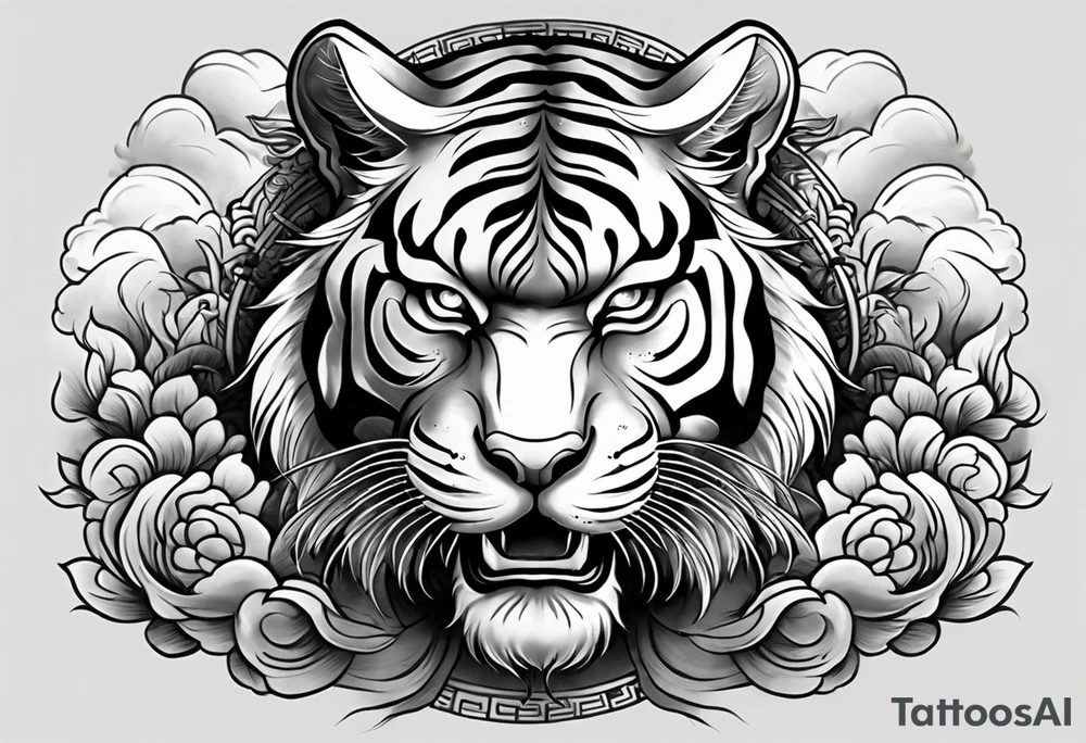 Asian Japanese Chinese style tiger with a full body not just head twisting body for a forearm half sleeve, clouds tattoo idea