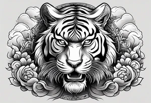 Asian Japanese Chinese style tiger with a full body not just head twisting body for a forearm half sleeve, clouds tattoo idea