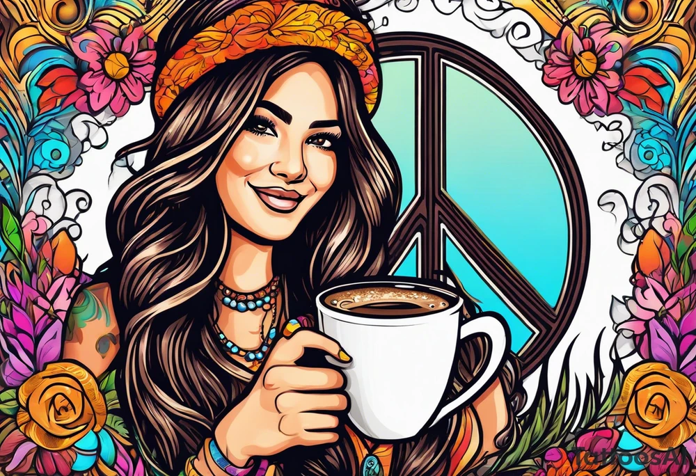 Groovy Coffee shop logo with hippie girl holding a peace sign on hand, peace sign on coffee mug tattoo idea