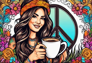 Groovy Coffee shop logo with hippie girl holding a peace sign on hand, peace sign on coffee mug tattoo idea