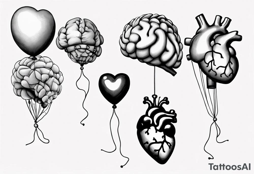 Woman's hand holding balloons tied to string, balloons in shape of anatomical heart and an anatomical brain tattoo idea
