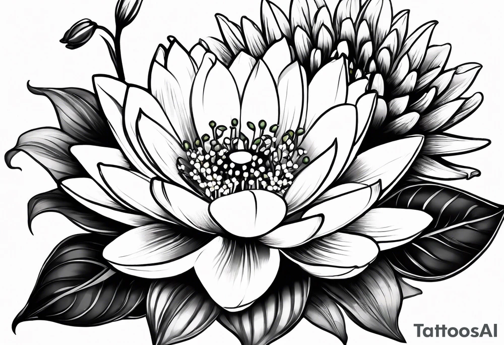 Water Lily, Lily of the Valley, Narcissus, and Gladiolus flower bouquet tattoo idea