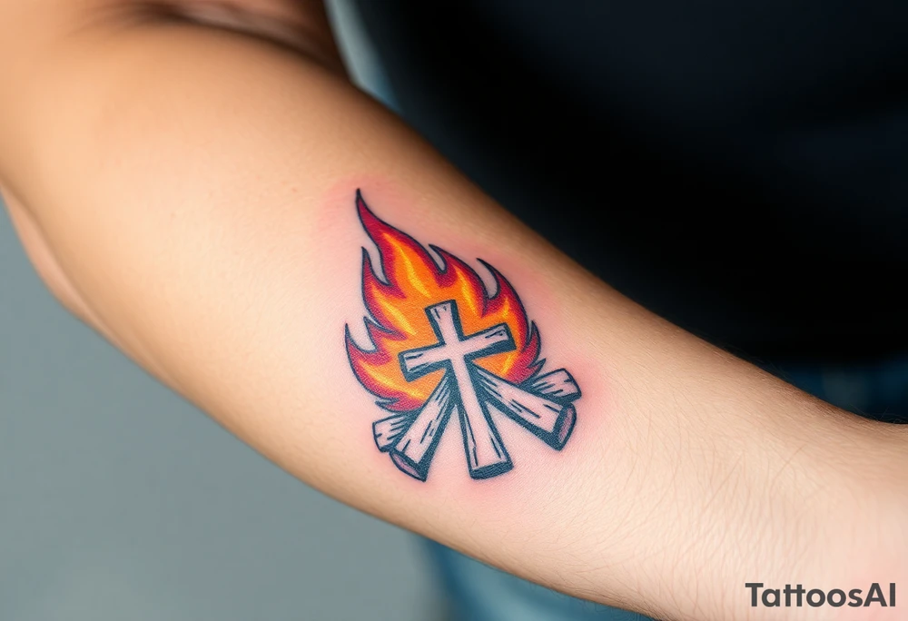 Campfire with a cross hidden in the flames tattoo idea
