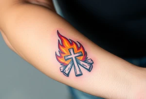 Campfire with a cross hidden in the flames tattoo idea