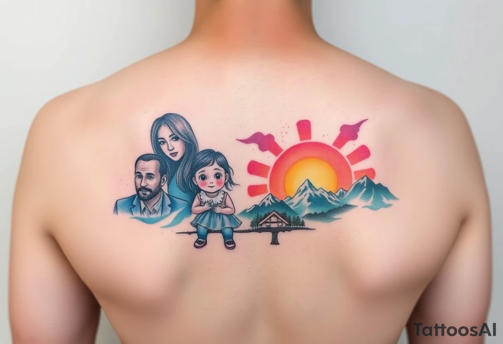 Family 2 parents, 1 baby boy, one young girls with colour around the caracters and empty caracters and sunrise and mountains tattoo idea