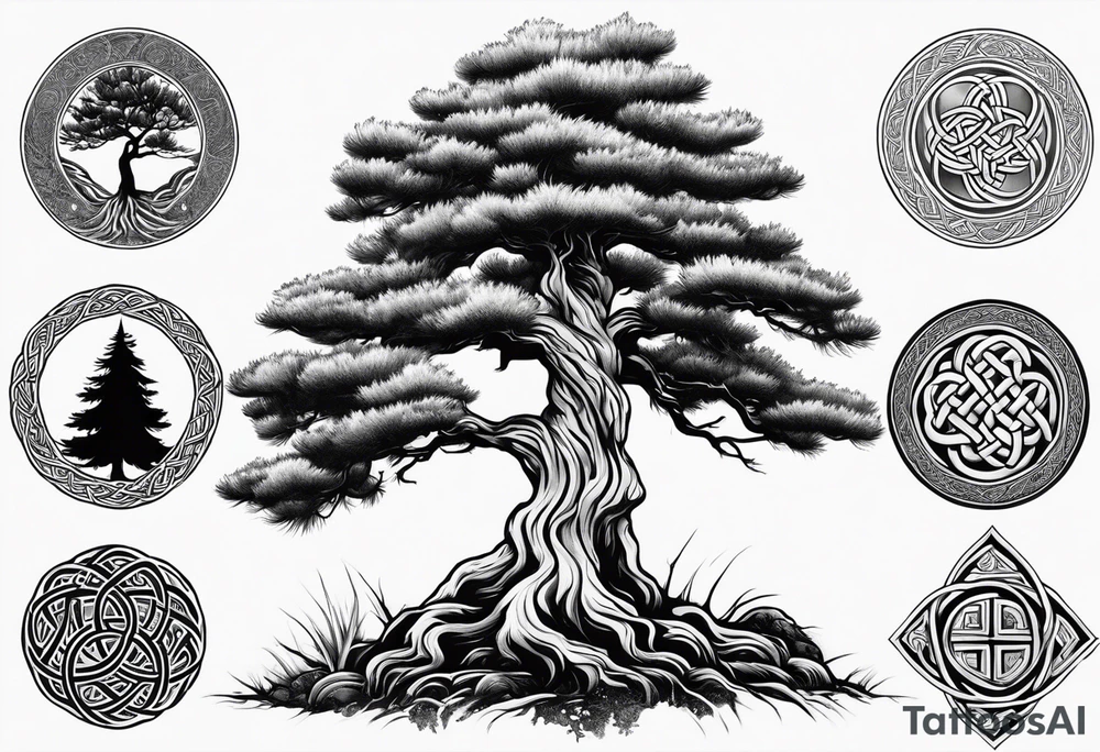 Pine tree on the oposite side a juniper tree, roots of botj trees are emtangeled in celtic trinity sign tattoo idea