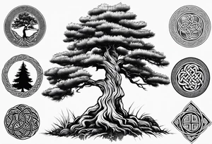 Pine tree on the oposite side a juniper tree, roots of botj trees are emtangeled in celtic trinity sign tattoo idea