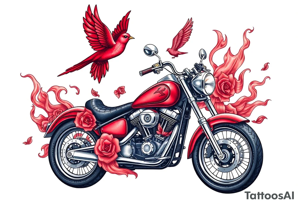 Motorcycle, red bird flying, roses and lace, flames tattoo idea