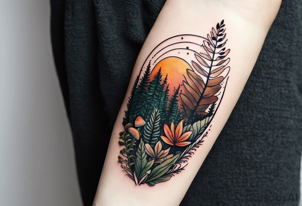 forest floor inspired minimalist tattoo, which includes grass, curly ferns, moss and dead leaves as the bulk of the tattoo. details to include: forest berries, a tiny bumblebee flying nearby, three small brown mushrooms
Generate a vertically long one tattoo idea