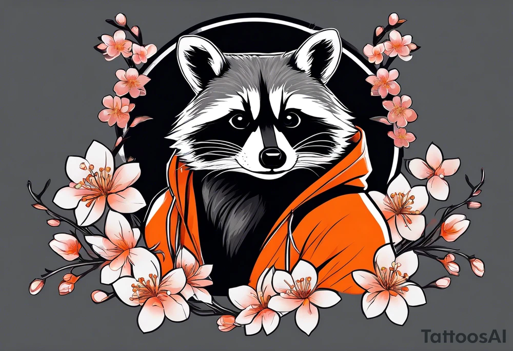 Raccoon wearing a white Superman logo on a black hoodie and orange Japanese cherry blossoms tattoo idea