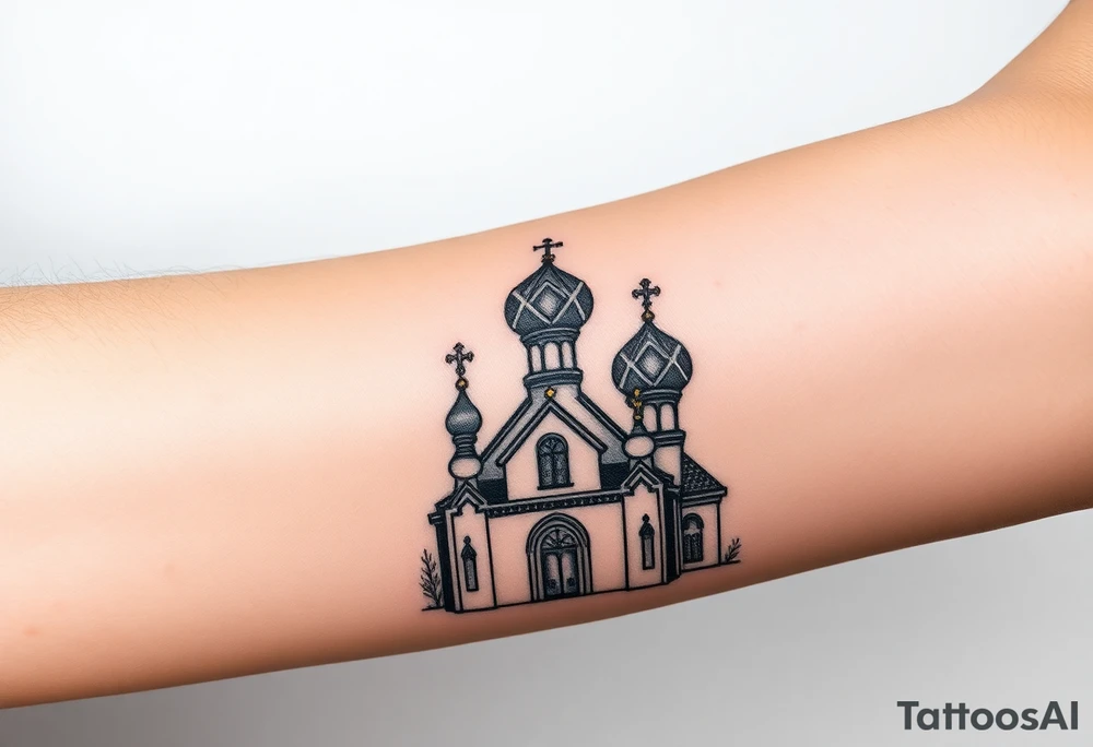 Russian Orthodox church with orthodox spire crosses, with clouds above it and a virgin mary over looking sat above tattoo idea