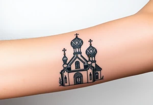 Russian Orthodox church with orthodox spire crosses, with clouds above it and a virgin mary over looking sat above tattoo idea