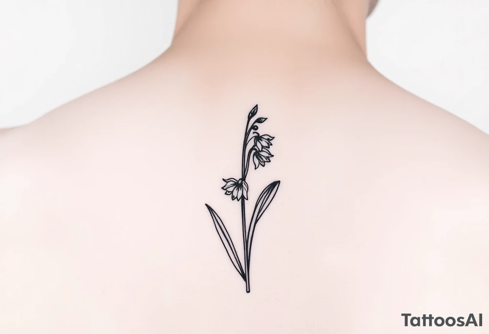 Coquis, stamp with daffodils, Lily of the valley, larkspur tattoo idea