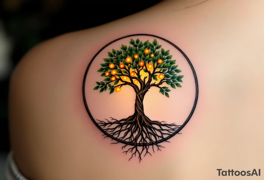 A forest green tree of life inside a round frame of braided roots and glowing amber fruits. tattoo idea