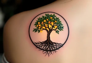 A forest green tree of life inside a round frame of braided roots and glowing amber fruits. tattoo idea