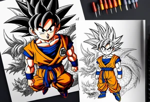 Son-Goku as a child in the foreground and an older version of him as a super sayain behind him. All takes place in a dragon ball tattoo idea
