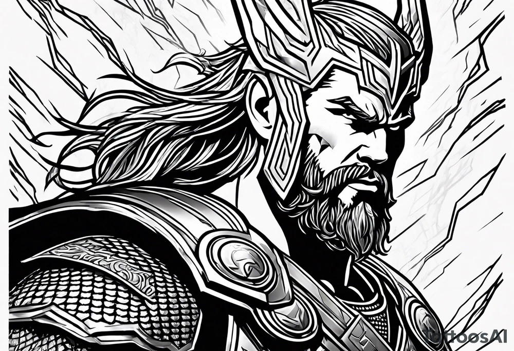 The Mighty Thor that looks like the Chris Hemsworth version with lightning in the background tattoo idea