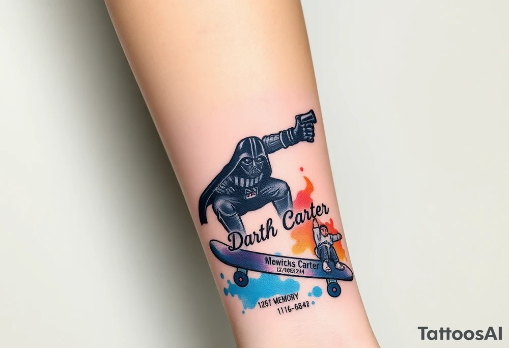 Darth Vader skateboarding holding gun > bullets > memorial > god > colors > futuristic 
add name "Darth Carter" on skateboard
add date in loving memory 12/29/88-01/06/24 tattoo idea