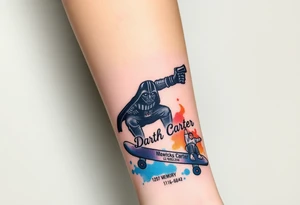 Darth Vader skateboarding holding gun > bullets > memorial > god > colors > futuristic 
add name "Darth Carter" on skateboard
add date in loving memory 12/29/88-01/06/24 tattoo idea