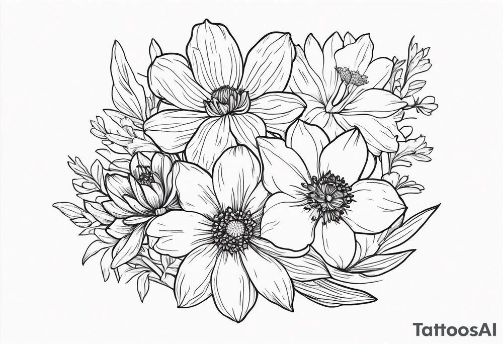 Narcissus, Chrysanthemum,
Cosmos, snow drop that shows all the flower stems for the back of the arm. Fine line. In a flower bouquet tattoo idea